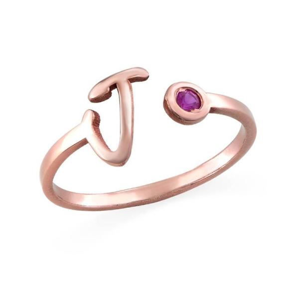 Initial Open Promise Ring with Birthstone in Rose Gold