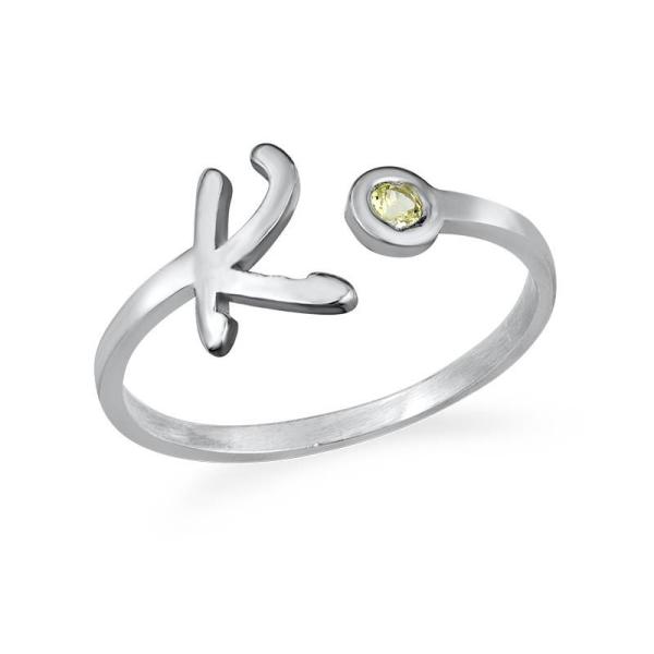 Initial Open Promise Ring with Birthstone in Silver