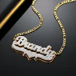 Double Plated Pop Out Heart Name Necklace w/ Figaro Chain Gold