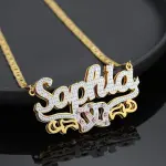 Double Plated Double Heart Name Necklace w/ Clip Chain Gold