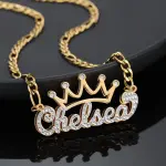 Double Plated Crown Name Necklace w/ Figaro Chain Gold