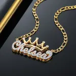 Double Plated Crown Name Necklace w/ Figaro Chain Gold