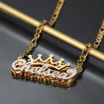 Double Plated Crown Name Necklace w/ Figaro Chain Gold