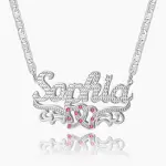 Double Plated Double Heart Name Necklace w/ Clip Chain Silver