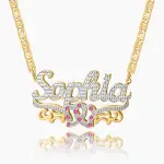 Double Plated Double Heart Name Necklace w/ Clip Chain Gold