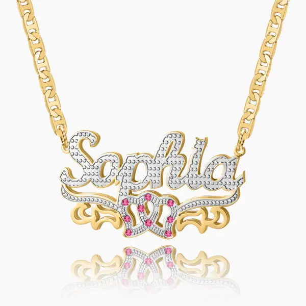 Double Plated Double Heart Name Necklace w/ Clip Chain Gold