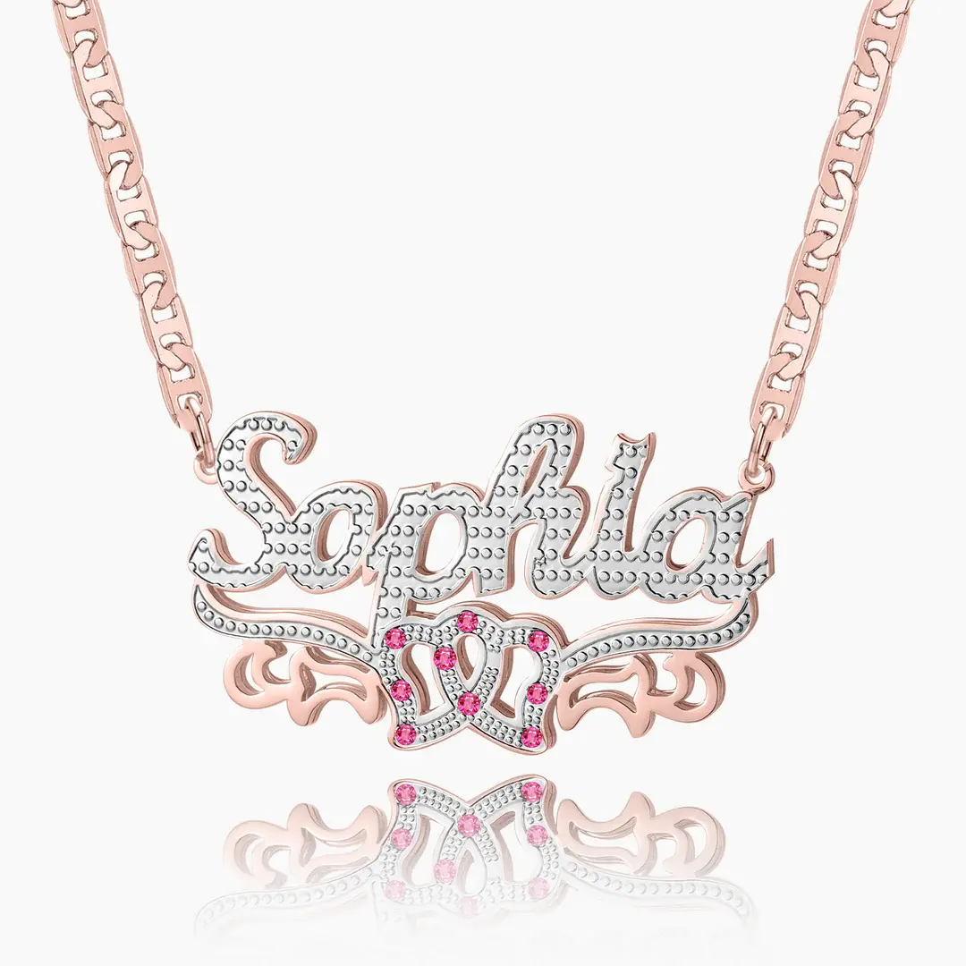 Double Plated Double Heart Name Necklace w/ Clip Chain Rose Gold