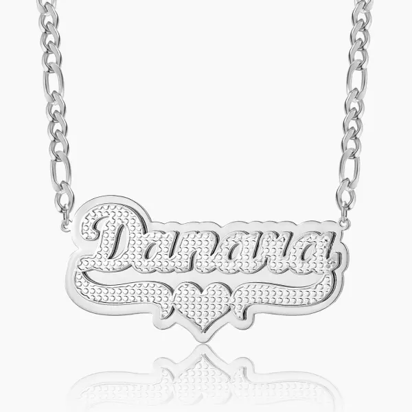 Double Plated Pop Out Heart Name Necklace w/ Figaro Chain Silver