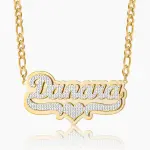 Double Plated Pop Out Heart Name Necklace w/ Figaro Chain Gold