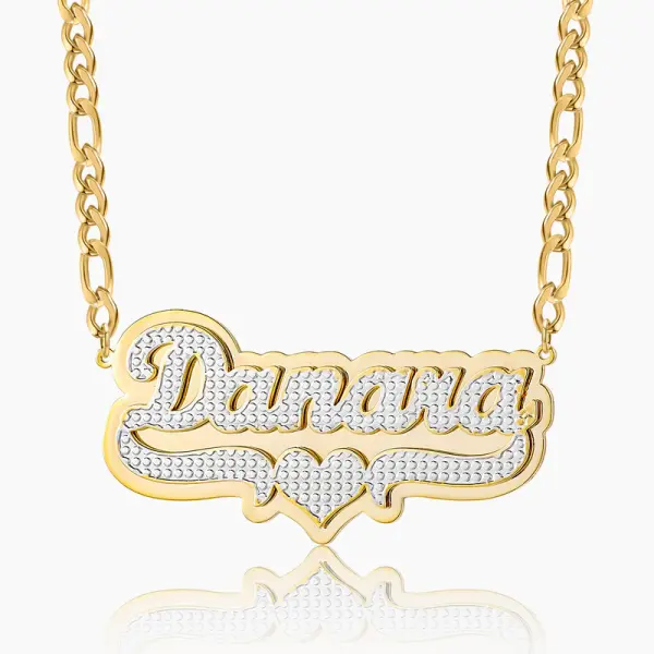 Double Plated Pop Out Heart Name Necklace w/ Figaro Chain Gold