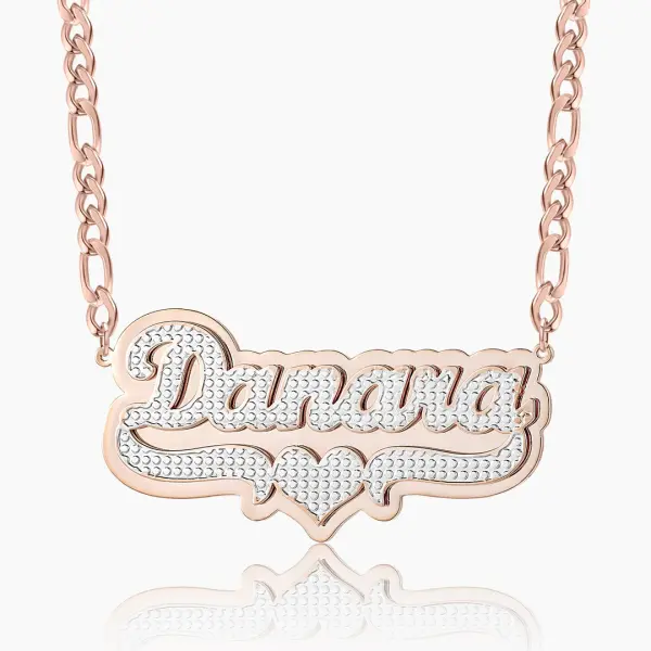 Double Plated Pop Out Heart Name Necklace w/ Figaro Chain Rose Gold