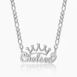 Double Plated Crown Name Necklace w/ Figaro Chain Silver