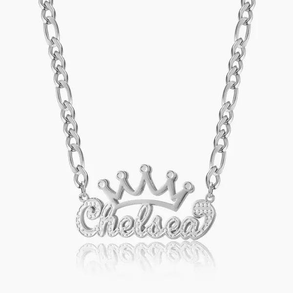 Double Plated Crown Name Necklace w/ Figaro Chain Silver