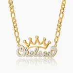 Double Plated Crown Name Necklace w/ Figaro Chain Gold