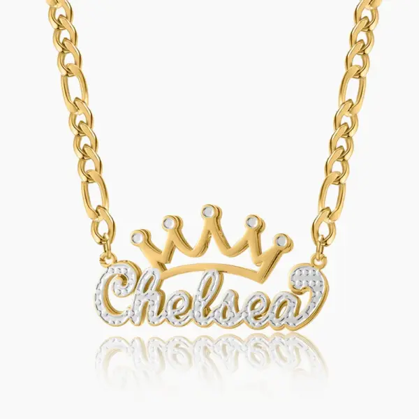 Double Plated Crown Name Necklace w/ Figaro Chain Gold