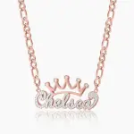 Double Plated Crown Name Necklace w/ Figaro Chain Rose Gold