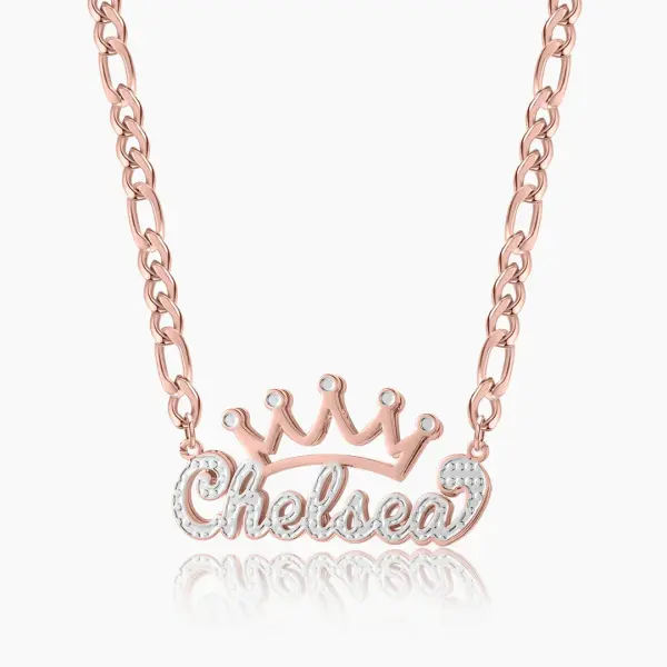 Double Plated Crown Name Necklace w/ Figaro Chain Rose Gold