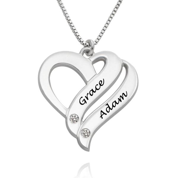 Two Hearts Forever One Necklace with Diamonds in Silver